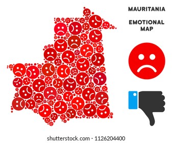 Emotion Mauritania map collage of sad smiles in red colors. Negative mood vector concept of depression regions. Mauritania map is made from red pity emotion symbols. Abstract geographic plan.