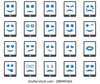 Emotion mobile tablet icons. Vector set style: bicolor flat images, smooth blue symbols, isolated on a white background.