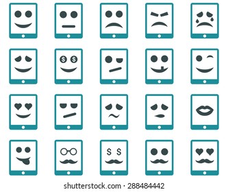Emotion mobile tablet icons. Vector set style: bicolor flat images, soft blue symbols, isolated on a white background.