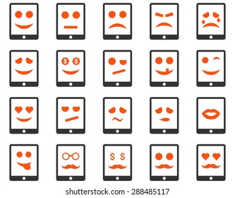 Emotion mobile tablet icons. Vector set style: bicolor flat images, orange and gray symbols, isolated on a white background.