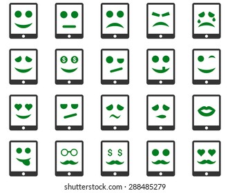 Emotion mobile tablet icons. Vector set style: bicolor flat images, green and gray symbols, isolated on a white background.