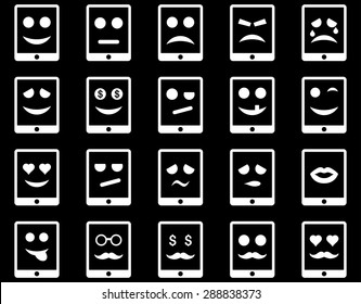 Emotion mobile tablet icons. Vector set style: flat images, white symbols, isolated on a black background.
