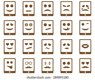 Emotion mobile tablet icons. Vector set style: flat images, brown symbols, isolated on a white background.