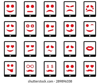 Emotion mobile tablet icons. Vector set style: bicolor flat images, intensive red and black symbols, isolated on a white background.