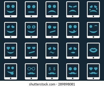 Emotion mobile tablet icons. Vector set style: bicolor flat images, blue and white symbols, isolated on a dark blue background.