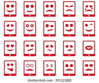 Emotion mobile tablet icons. Vector set style: flat images, red symbols, isolated on a white background.