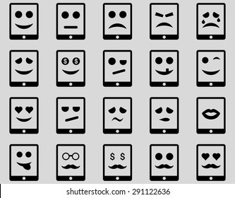 Emotion mobile tablet icons. Vector set style: flat images, black symbols, isolated on a light gray background.