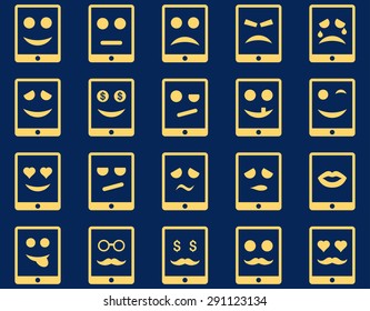 Emotion mobile tablet icons. Vector set style: flat images, yellow symbols, isolated on a blue background.