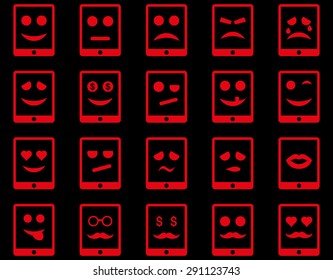 Emotion mobile tablet icons. Vector set style: flat images, red symbols, isolated on a black background.