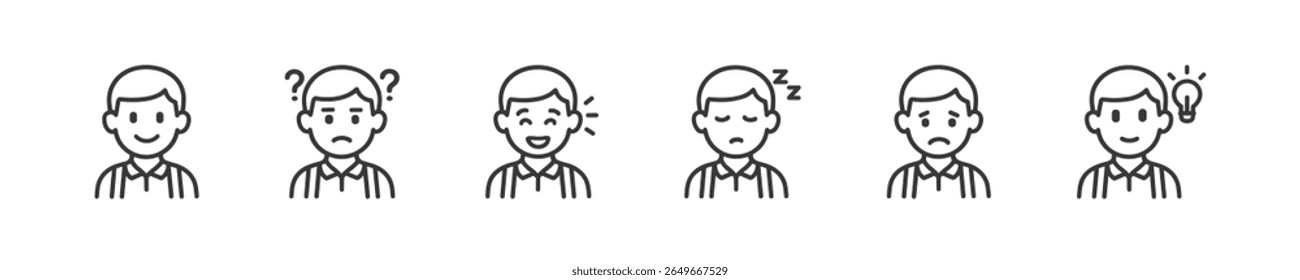 Emotion and mood line icons set for kids. Vector