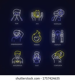Emotion neon light icons set. Fear from phobia. Human feelings. Mental state. Negative behaviour. Panic attack. Signs with outer glowing effect. Vector isolated RGB color illustrations