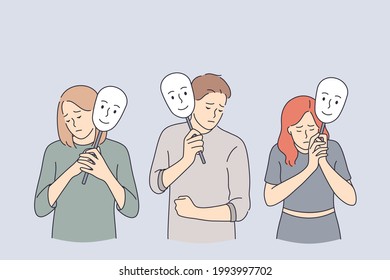 Emotion, Personality, Psychology, Disguise Concept. Depressed Young People Cartoon Characters Standing Holding Positive Masks On Sticks Over Faces Vector Illustration 
