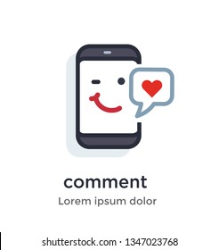 Emotion phone content, private, comment, like, love, heart illustration Icon. Landing page site print poster video animation.