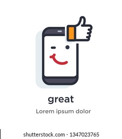 Emotion phone thumb up, like, comment, approval, post, great, fun illustration Icon. Landing page site print poster video animation.