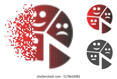 Emotion pie chart icon in sparkle, pixelated halftone and undamaged solid variants. Particles are combined into vector dissipated emotion pie chart pictogram.