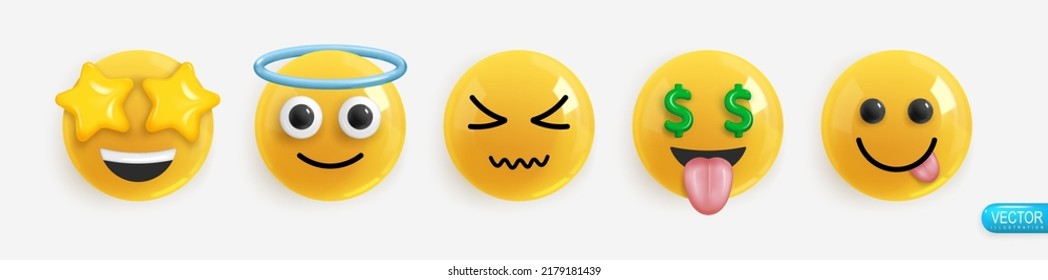 Emotion Realistic 3d Render. Set Icon Smile Emoji. Vector yellow glossy emoticons.