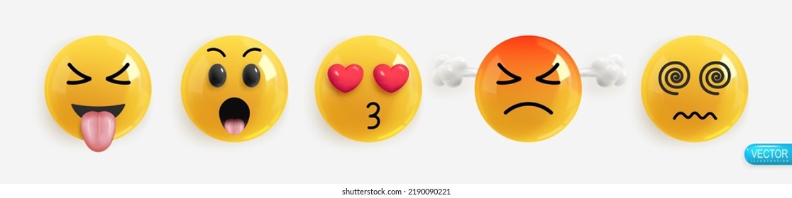 Emotion Realistic 3d Render. Set Icon Smile Emoji. Vector yellow glossy emoticons.