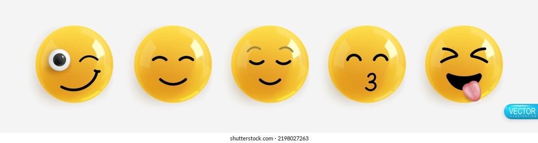 Emotion Realistic 3d Render. Set Icon Smile Emoji. Vector yellow glossy emoticons.