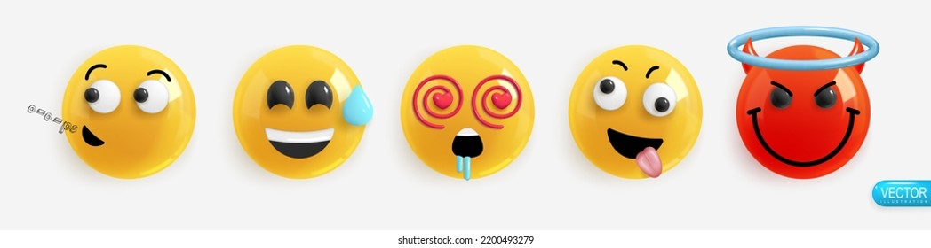 Emotion Realistic 3d Render. Set Icon Smile Emoji. Vector yellow glossy emoticons.