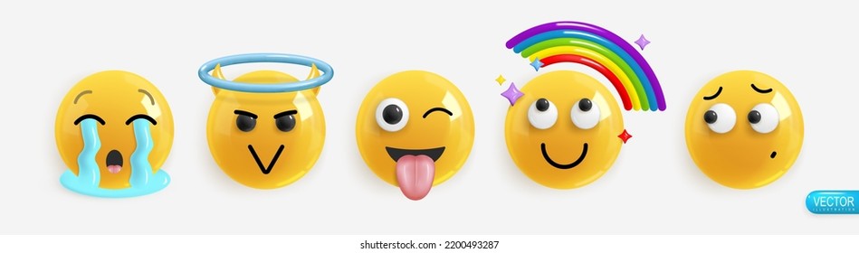 Emotion Realistic 3d Render. Set Icon Smile Emoji. Vector yellow glossy emoticons.