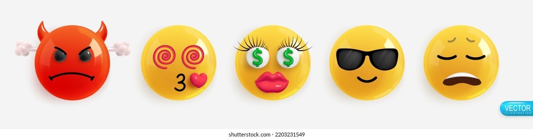 Emotion Realistic 3d Render. Set Icon Smile Emoji. Emotions face evil evil steam from the ears, hypnotized eyes kiss, money puffy lips, cool, upset. Vector yellow glossy emoticons. Pack 23