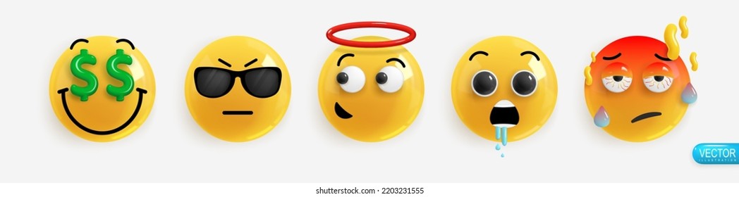 Emoción Realista 3d Render. Seleccione Icono Sonrisa Emoji. Las emociones se enfrentan al dinero, a la tristeza con los lentes, a un ángel enredado, al babeo, al dolor de cabeza. Emoticonos brillantes amarillos vectoriales. Envase 25