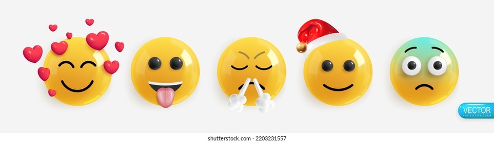 Emoción Realista 3d Render. Seleccione Icono Sonrisa Emoji. Las emociones se ven enamoradas, mostrando lengua, insatisfacción, usando un sombrero santa, miedo. Emoticonos brillantes amarillos vectoriales. Envase 6
