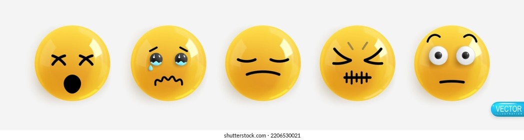 Emotion Realistic 3d Render. Set Icon Smile Emoji. Emotions face misunderstanding, disappointment and tears, misunderstanding, resentment, surprise. Vector yellow glossy emoticons. Pack 11