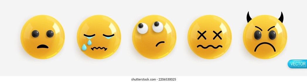 Emotion Realistic 3d Render. Set Icon Smile Emoji. Emotions face surprise, sadness, tears, sideways glance, chagrin, evil. Vector yellow glossy emoticons. Pack 15