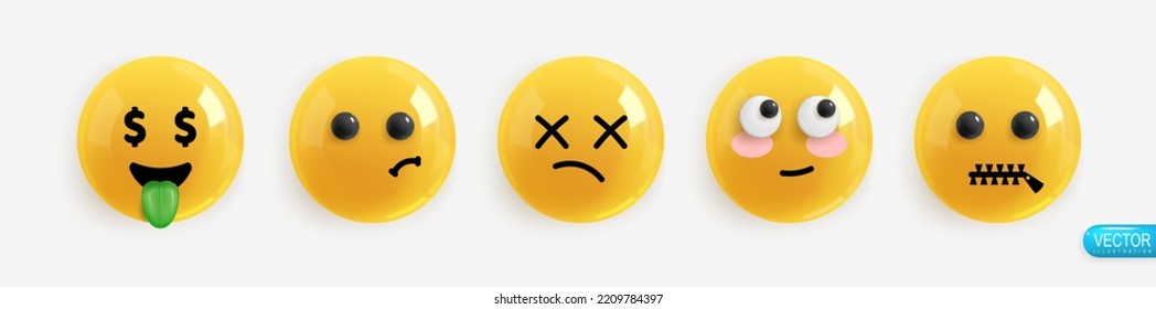 Emotion Realistic 3d Render. Set Icon Smile Emoji. Vector yellow glossy emoticons.