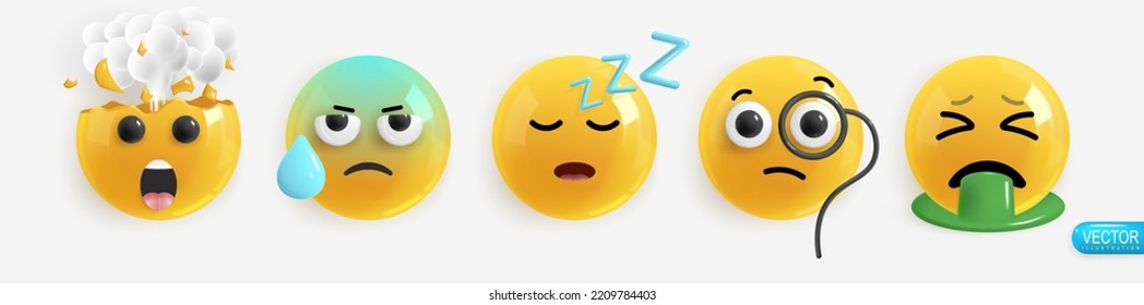 Emotion Realistic 3d Render. Set Icon Smile Emoji. Vector yellow glossy emoticons.