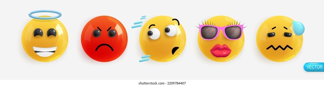 Emotion Realistic 3d Render. Set Icon Smile Emoji. Vector yellow glossy emoticons.