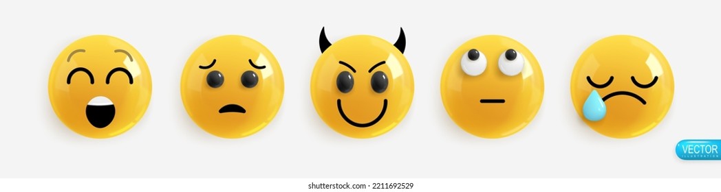 Emoción Realista 3d Render. Seleccione Icono Sonrisa Emoji. Emoticonos brillantes amarillos vectoriales.