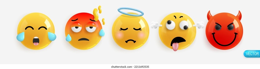 Emotion Realistic 3d Render. Set Icon Smile Emoji. Vector yellow glossy emoticons.