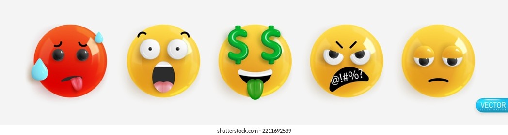 Emotion Realistic 3d Render. Set Icon Smile Emoji. Vector yellow glossy emoticons.