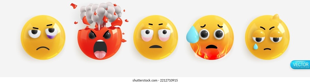 Emotion Realistic 3d Render. Set Icon Smile Emoji. Emotions face bruise under the eye, anger explosion of the head, tired, sweating hot, bump on the head. Vector yellow glossy emoticons. Pack 21