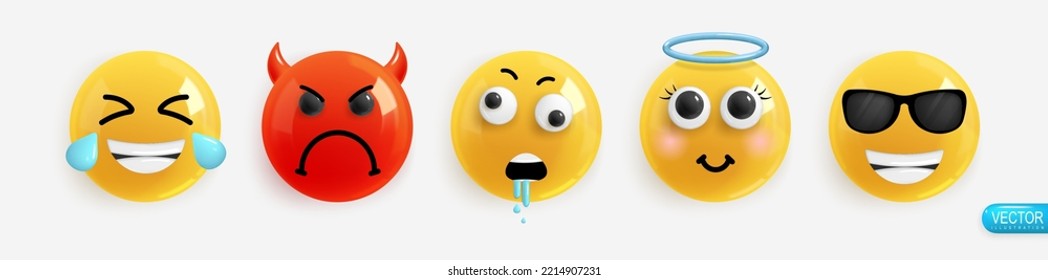 Emotion Realistic 3d Render. Set Icon Smile Emoji. Vector yellow glossy emoticons.