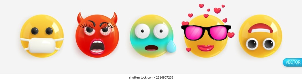 Emoción Realista 3d Render. Seleccione Icono Sonrisa Emoji. Emoticonos brillantes amarillos vectoriales.