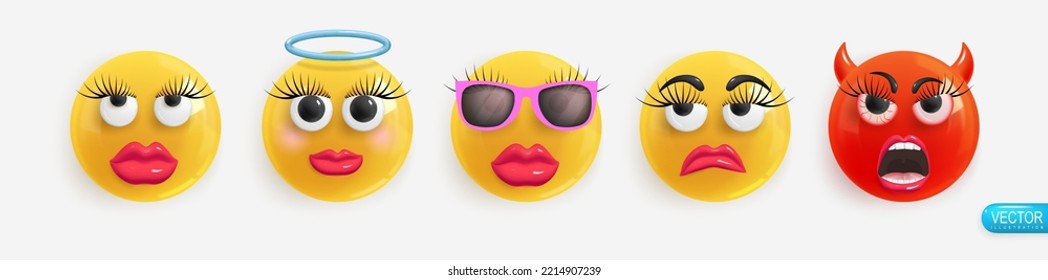 Emotion Realistic 3d Render. Set Icon Smile Emoji. Vector yellow glossy emoticons.