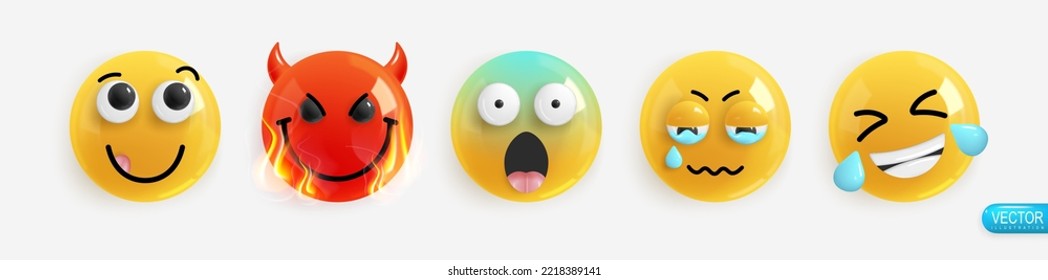 Emotion Realistic 3d Render. Set Icon Smile Emoji. Emotions face concerned, evil, fear, upset, laughterk. Vector yellow glossy emoticons. Pack 30
