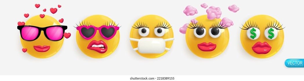 Emotion Realistic 3d Render. Set Icon Smile Emoji. Emotions of the girl face wearing rose-colored glasses from love, flirting, wearing a mask, flying in the clouds, money in the eyes. Pack 39