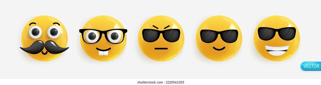 Emotion Realistic 3d Render. Set Icon Smile Emoji. Emotions face with mustache, nerd, serious, kind, smiling,. Vector yellow glossy emoticons. Pack 40