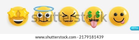 Emotion Realistic 3d Render. Set Icon Smile Emoji. Vector yellow glossy emoticons.