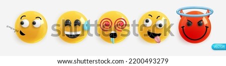 Emotion Realistic 3d Render. Set Icon Smile Emoji. Vector yellow glossy emoticons.