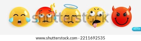 Emotion Realistic 3d Render. Set Icon Smile Emoji. Vector yellow glossy emoticons.