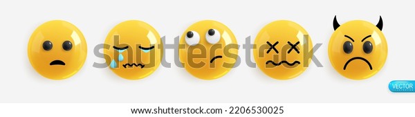 Emotion Realistic 3d Render.\
Set Icon Smile Emoji. Emotions face surprise, sadness, tears,\
sideways glance, chagrin, evil. Vector yellow glossy emoticons.\
Pack 15