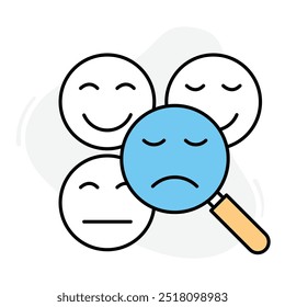 Icono de reconocimiento de emociones. Muestra una lupa que analiza diferentes expresiones faciales, que representa el concepto de análisis de emociones.Ilustración vectorial. 