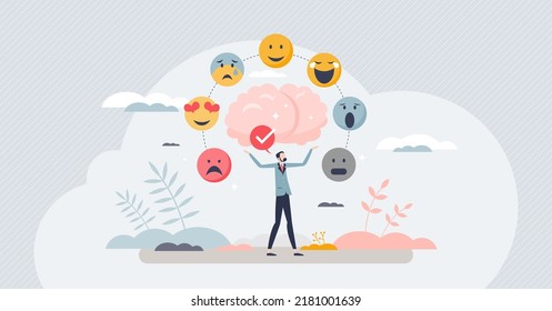 Emotion regulation with emotional intelligence control tiny person concept. Psychological feelings and mental mindset variation from sad to happy vector illustration. Ability to influence expressions. - Shutterstock ID 2181001639