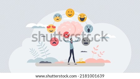 Emotion regulation with emotional intelligence control tiny person concept. Psychological feelings and mental mindset variation from sad to happy vector illustration. Ability to influence expressions.