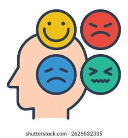 Emotion Regulation flat icon, featuring a human head with emotion emojis